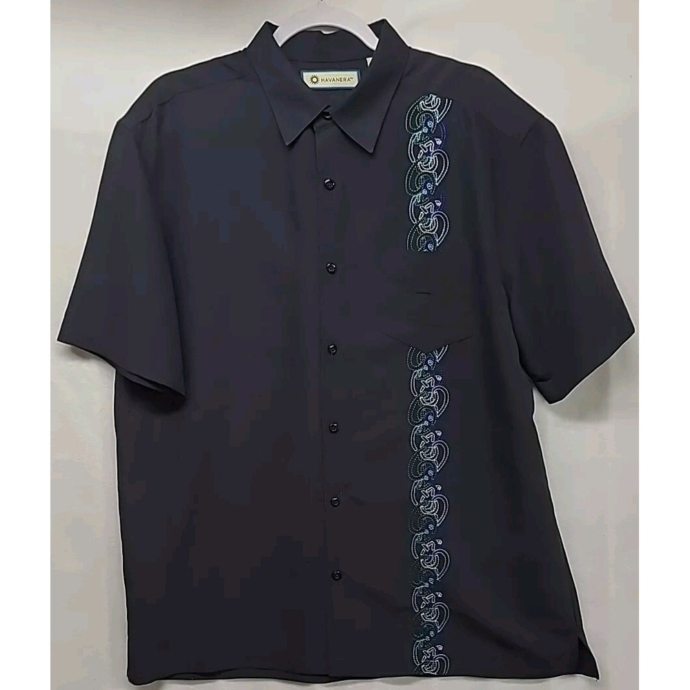 Havanera Lg Shirt Black with Green Blue White‎ Dk Green Embroidery